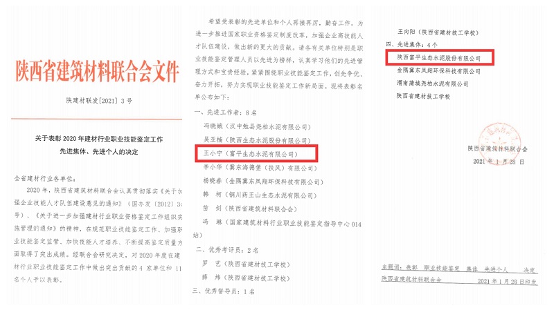 富平公司榮獲2020年建材行業(yè)職業(yè)技能鑒定多項榮譽(yù)?