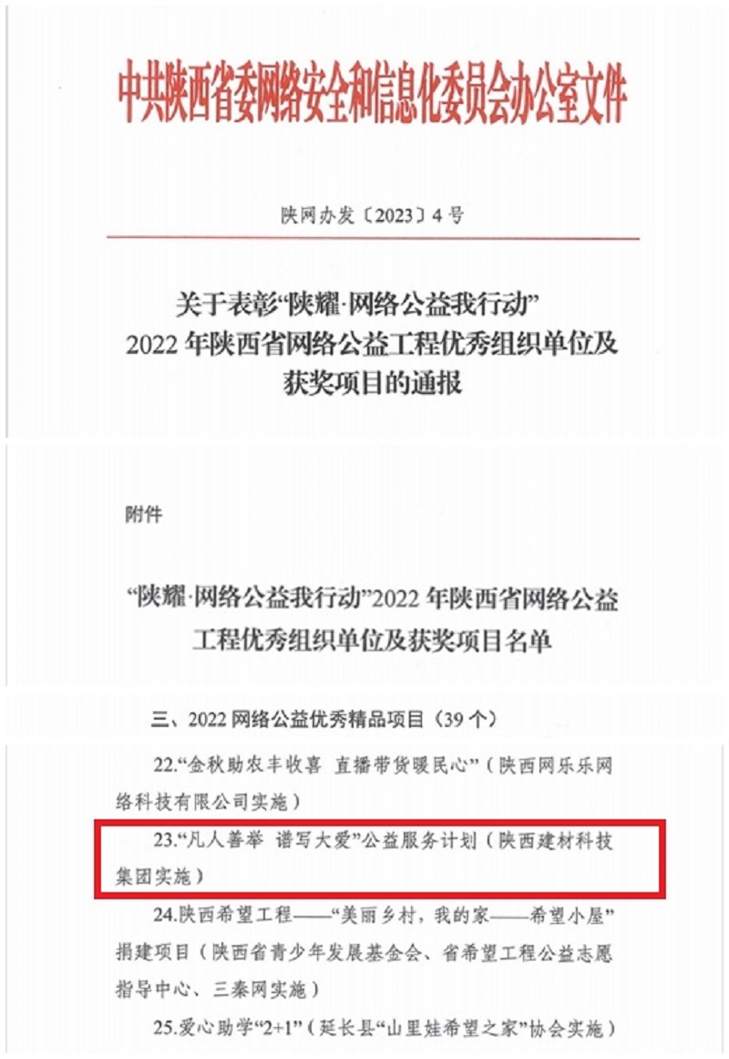 公益顯擔當 弘揚正能量——陜西建材科技公司榮登2022年陜西省網(wǎng)絡(luò )公益工程優(yōu)秀精品項目名單