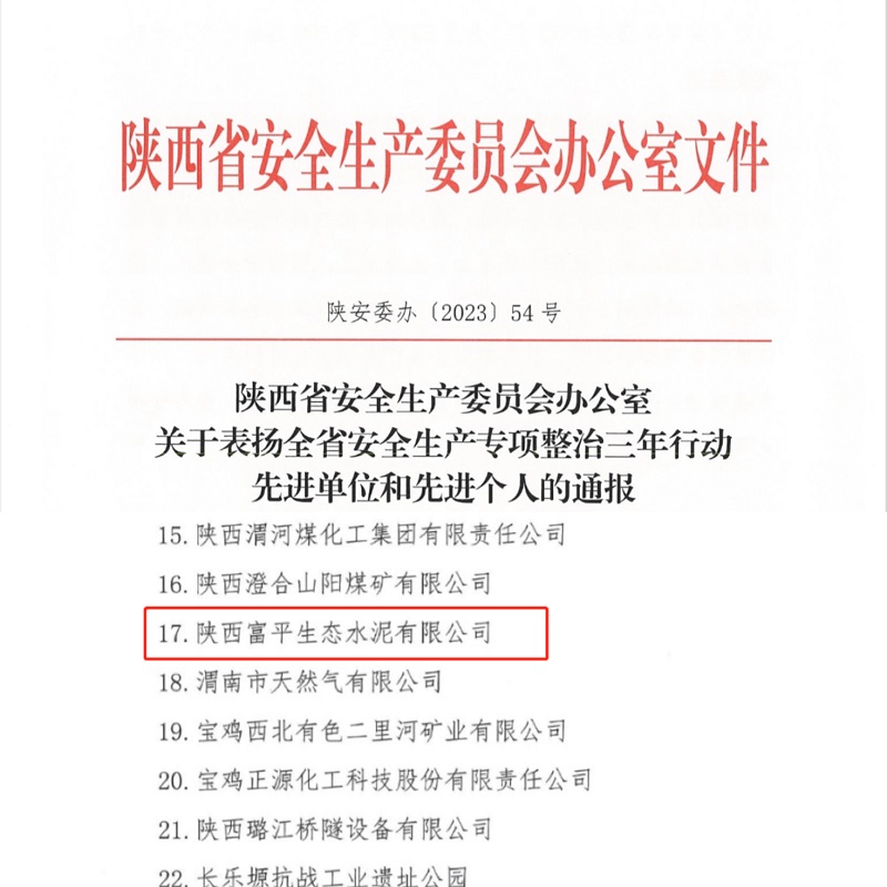 喜報！富平公司榮獲“陜西省安全生產(chǎn)專(zhuān)項整治三年行動(dòng)先進(jìn)單位”稱(chēng)號！