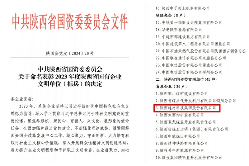 陜西建材科技公司獲評省國資委“文明單位”榮譽(yù)稱(chēng)號