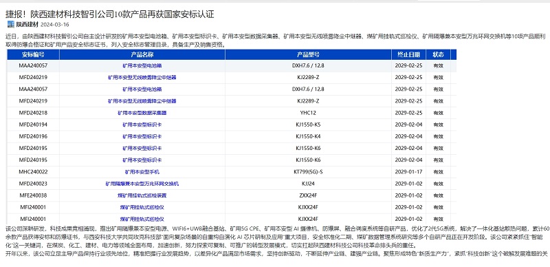 奮進(jìn)陜煤、陜煤集團官網(wǎng) | 捷報！陜西建材科技智引公司10款產(chǎn)品再獲國家安標認證