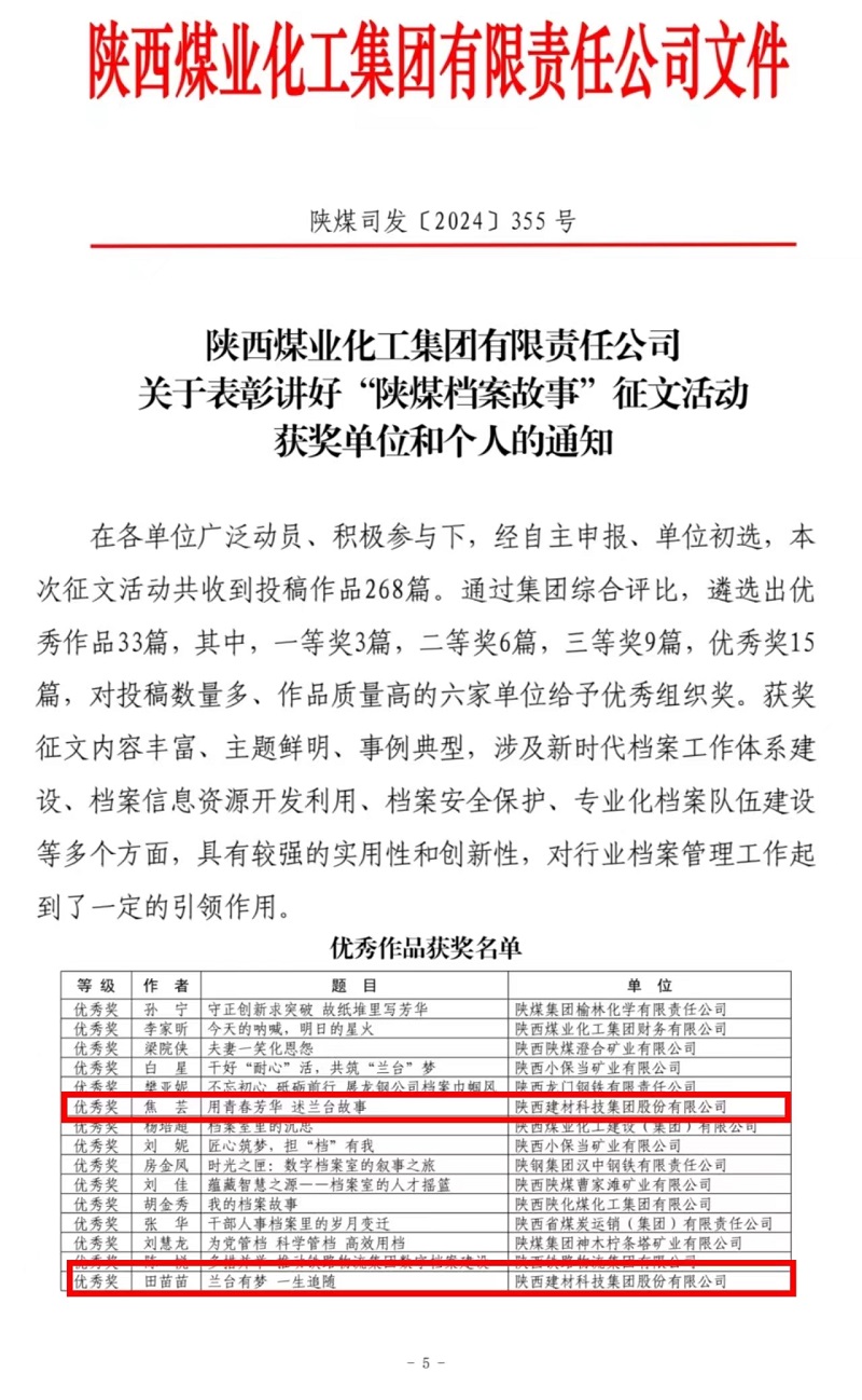 喜報！陜西建材科技檔案故事獲獎了